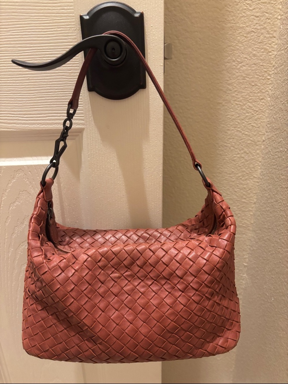 BottegaVeneta Woven Leather Shoulder Bag in Rust